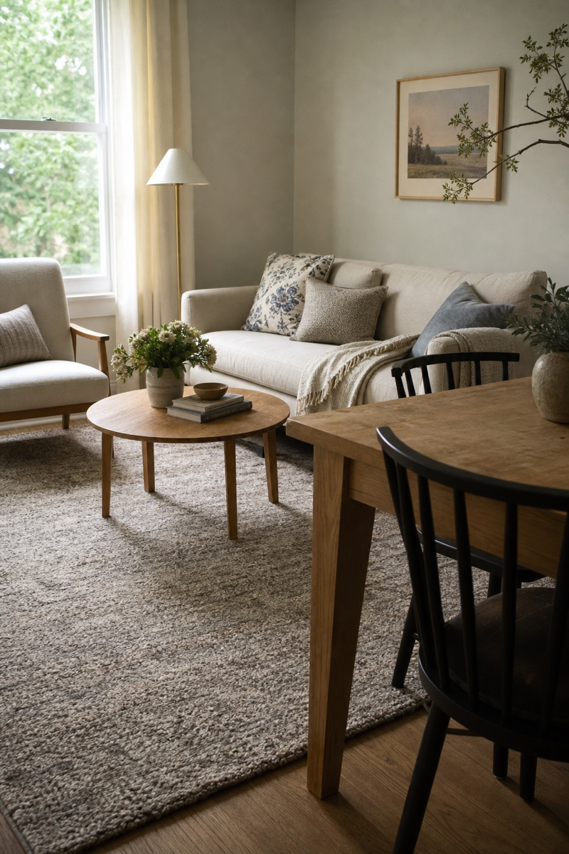Small room makeover unified by a large quiet textured rug