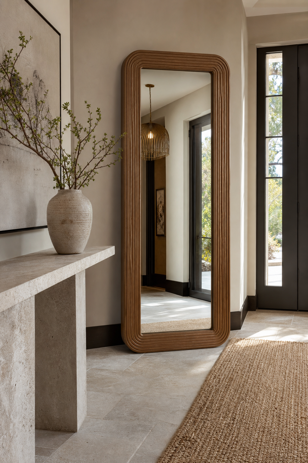 Sculptural wood standing mirror anchoring a refined entryway