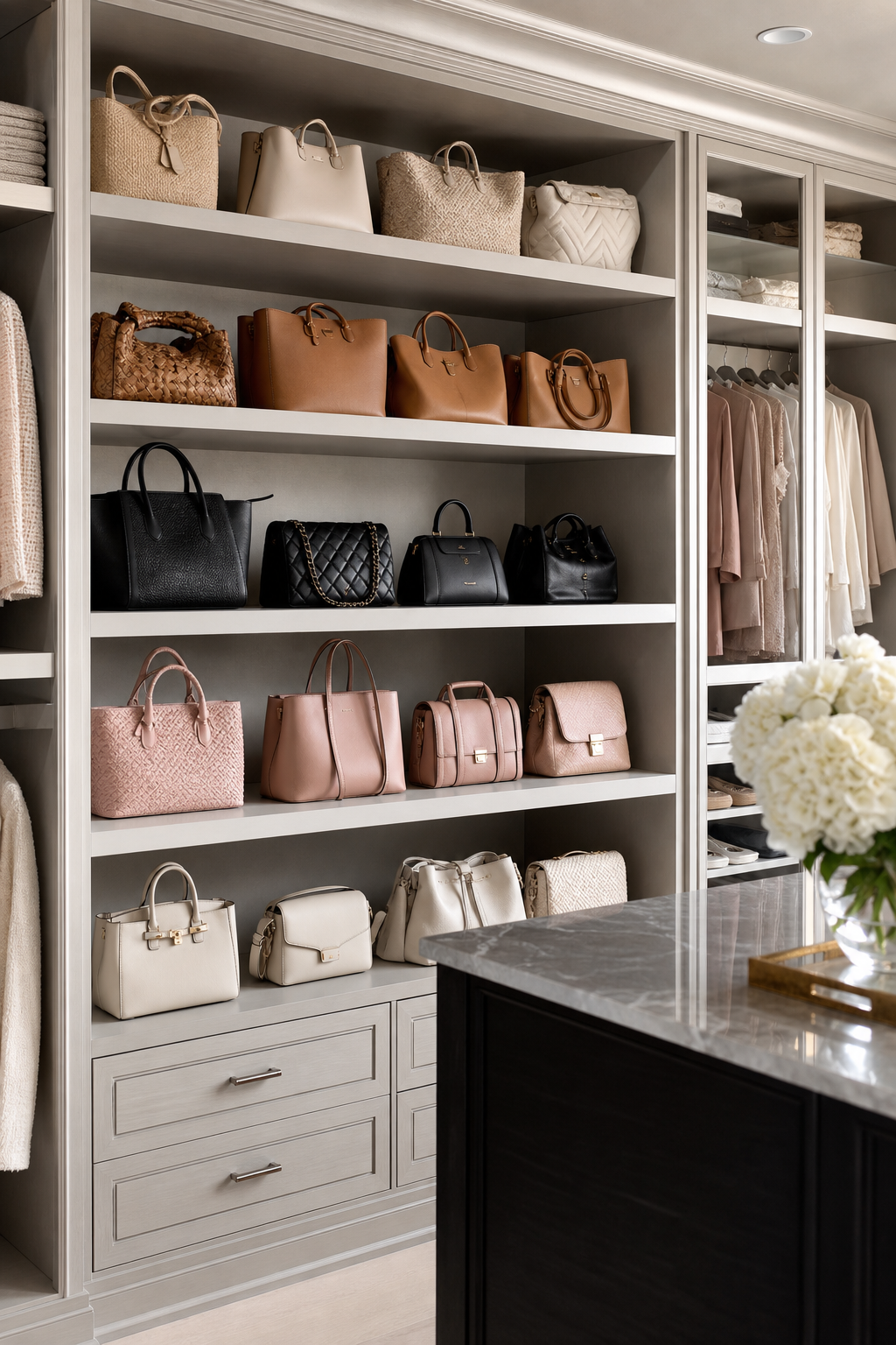 Group Bags By Color Family in a neat stylish handbag closet