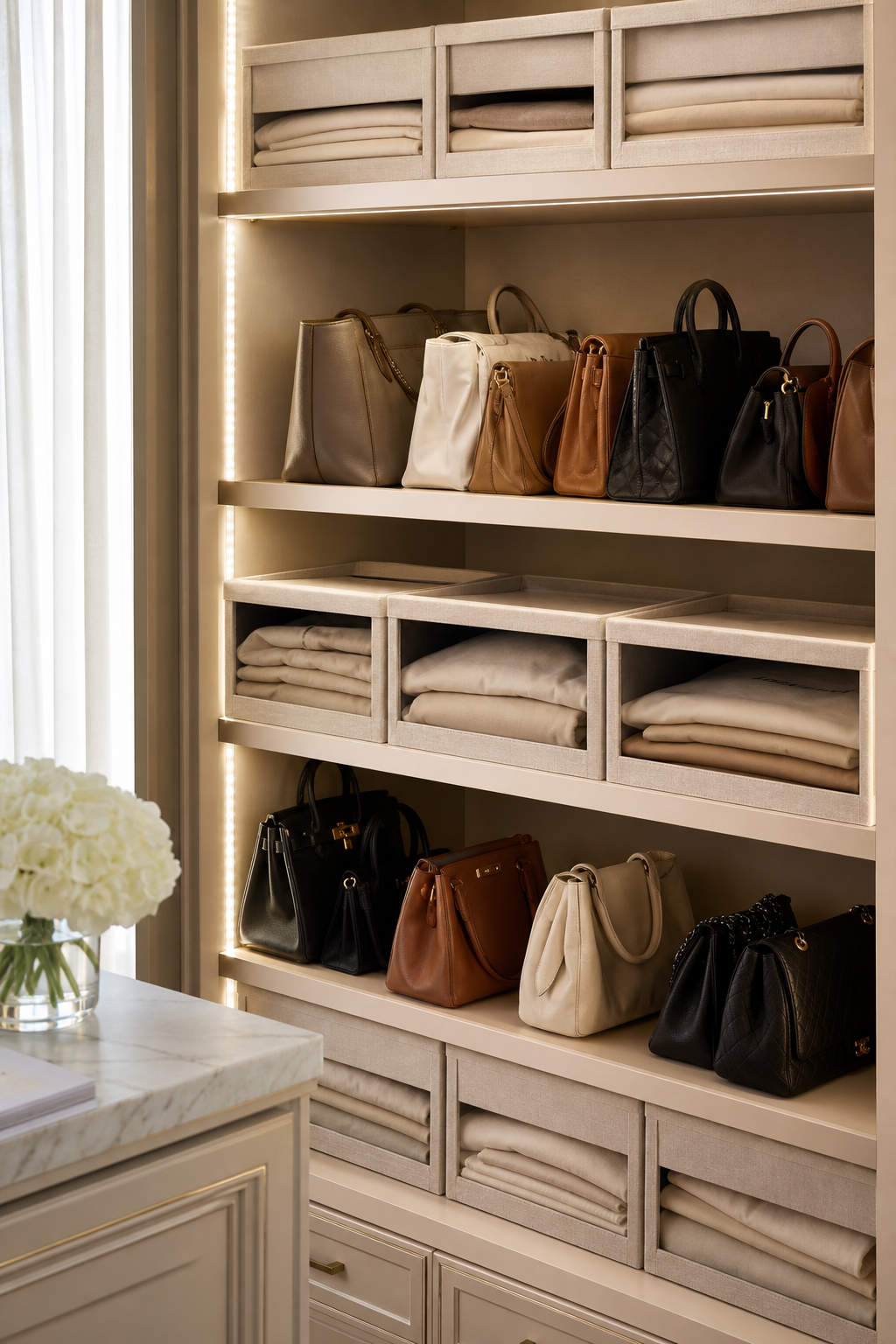 Store Dust Bags In Matching Bins for Handbag Organization Ideas For A Neat Stylish Home