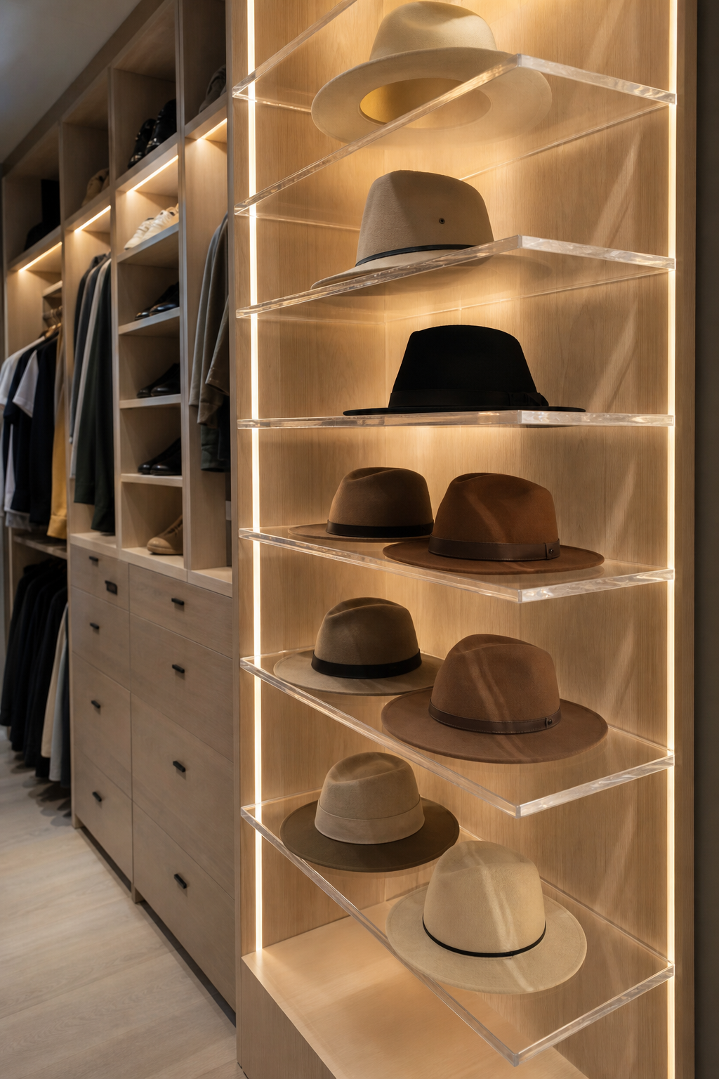 Use Clear Display Shelves for neat stylish hat storage