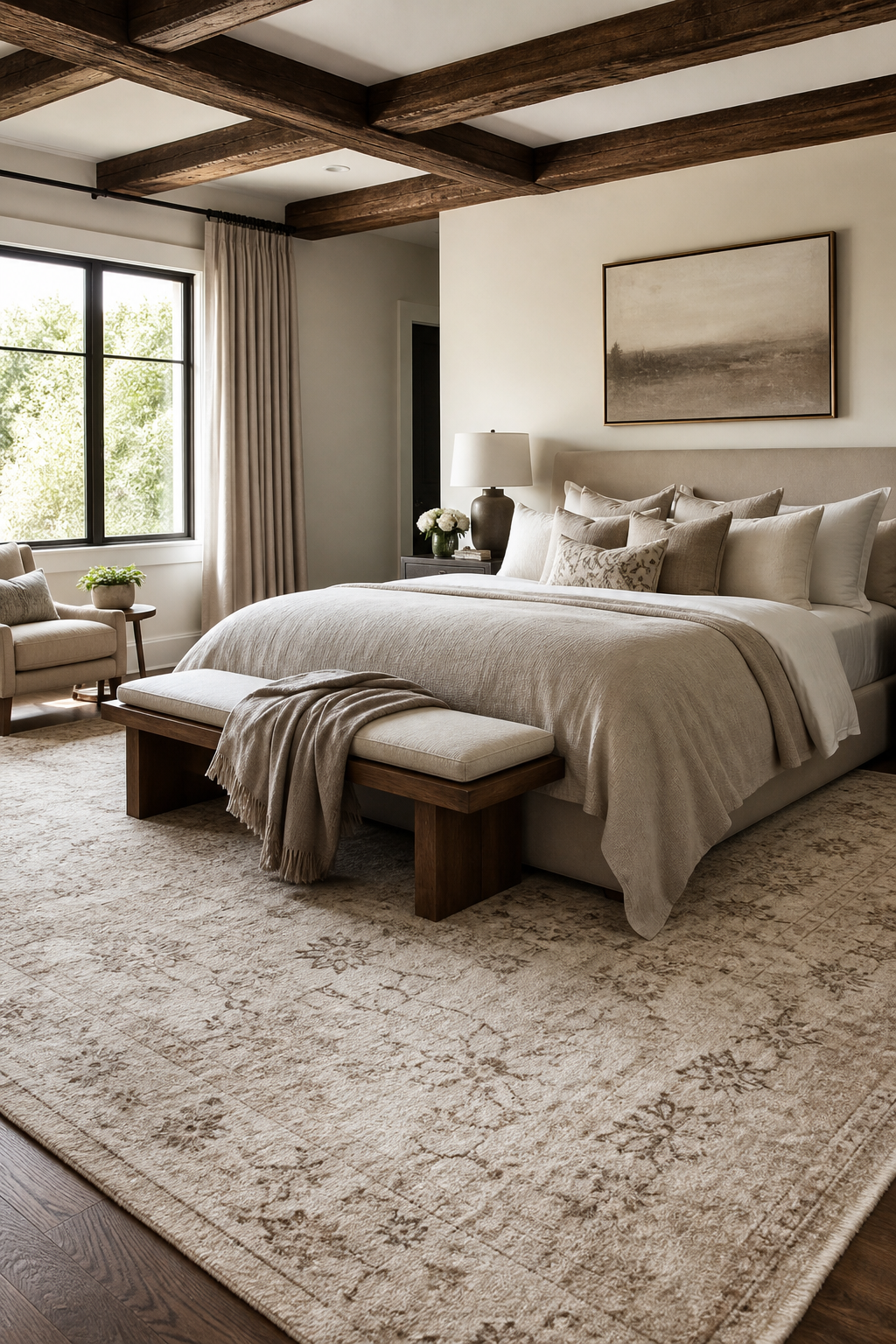 Luxury cozy bedroom with large plush wool rug beneath a layered king bed