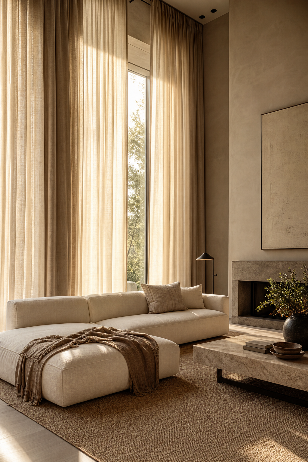 Pair Low Seating With Tall Drapery for Minimalist Sofa Ideas To Anchor A Stylish Living Room