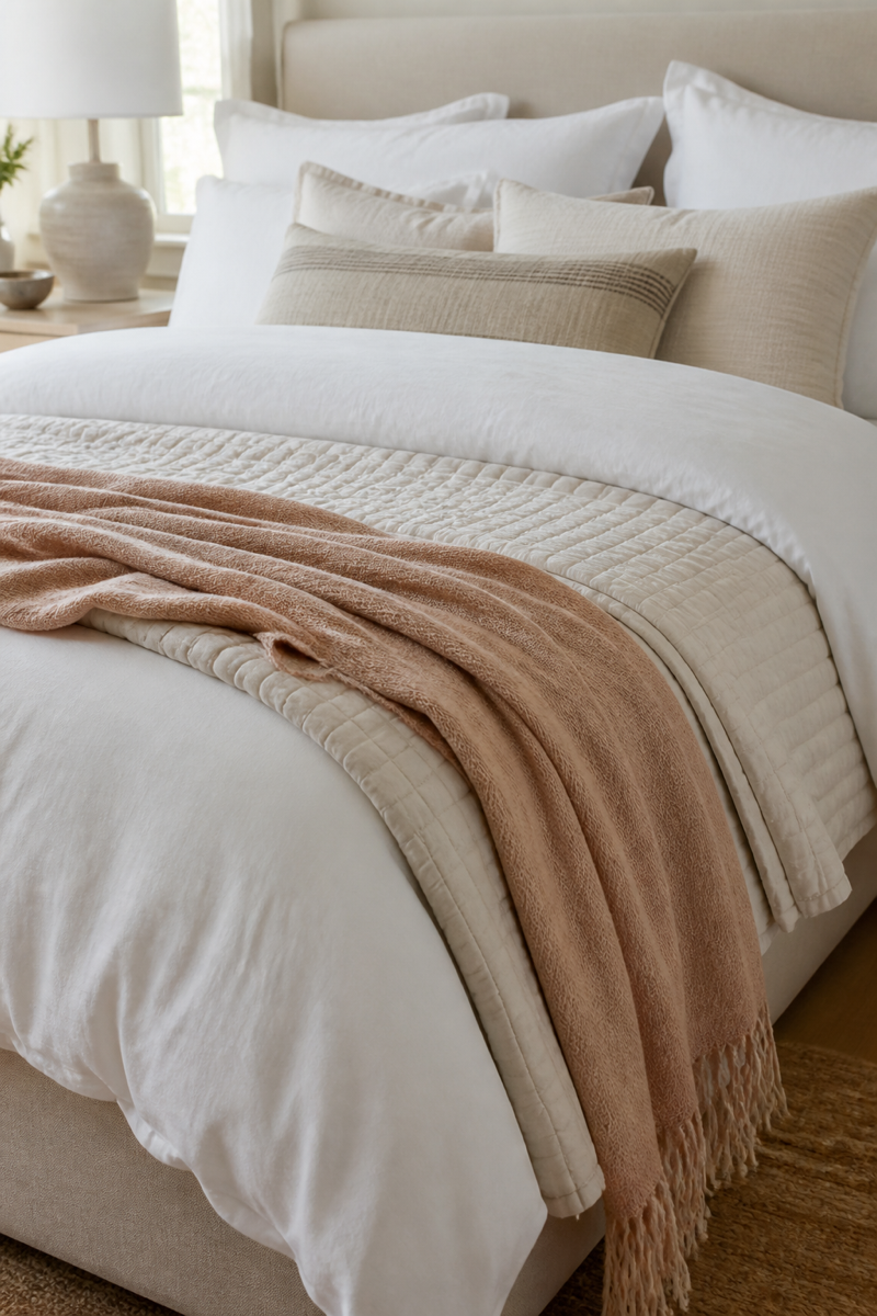 Luxury bed layered with white bedding and warm neutral textiles