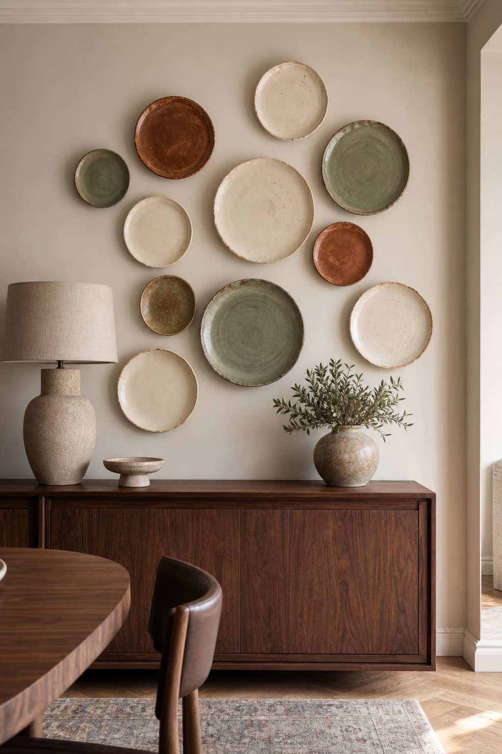 Ceramic wall plates above a dining sideboard