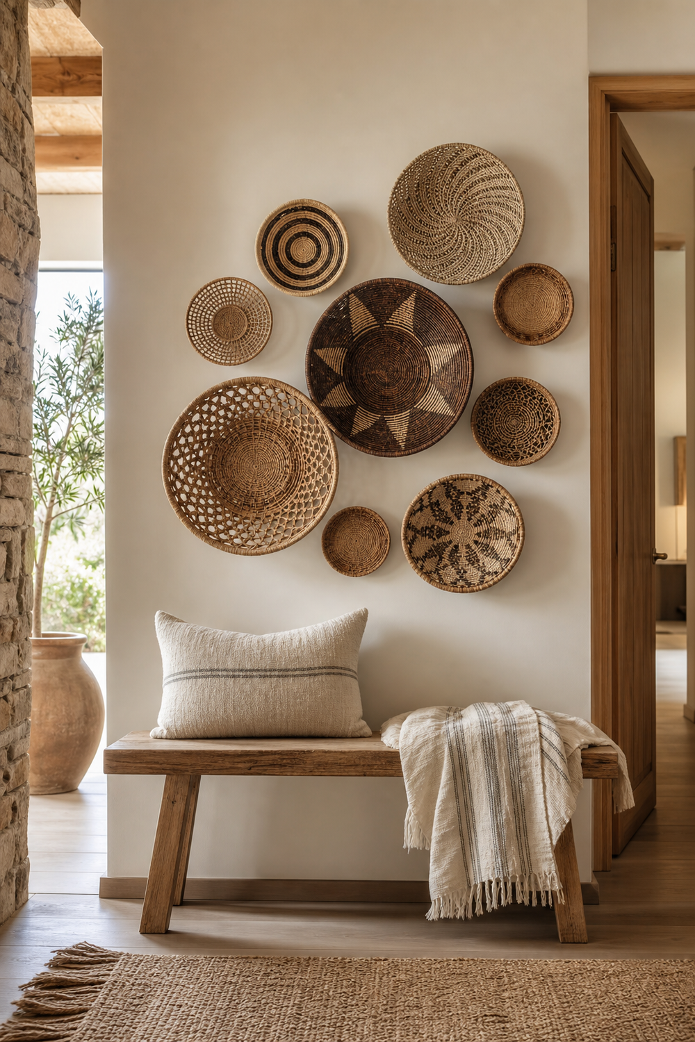 Hang Sculptural Baskets In A Cluster for aesthetic wall decor