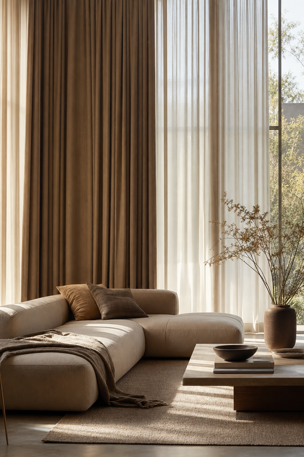 Pair Low Seating With Tall Drapery for Trending Sofa Designs To Anchor A Stylish Living Room
