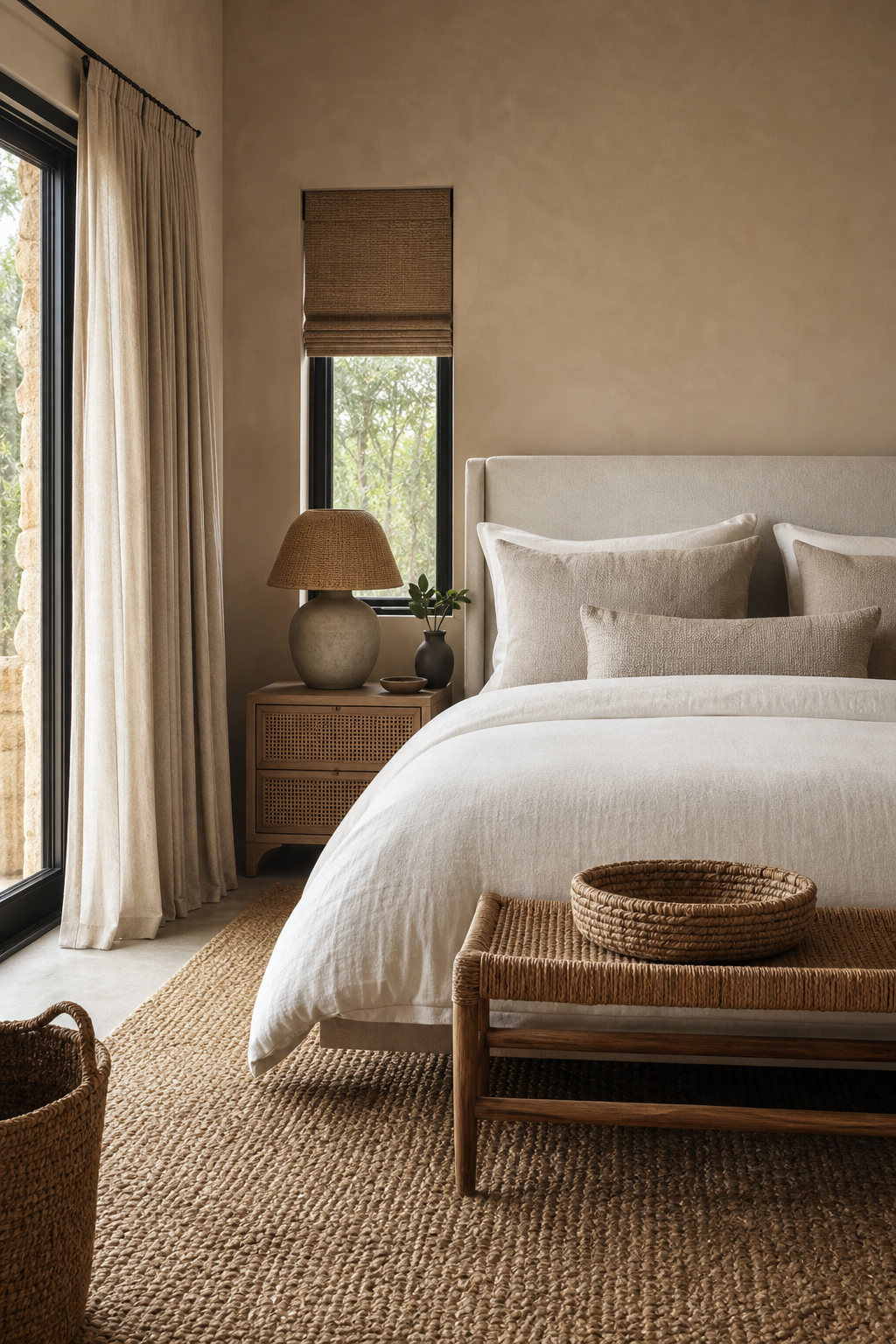 Warm woven bedroom with jute rug, rattan bench, and linen curtains