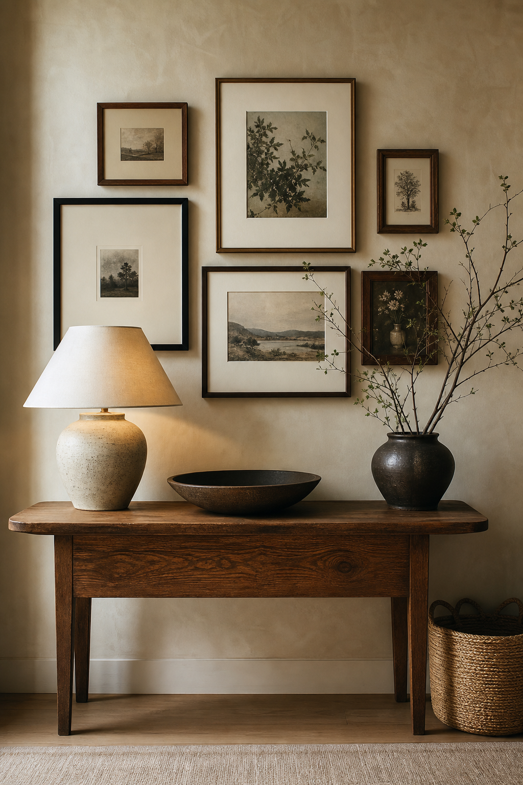 Aesthetic gallery wall above an oak console table
