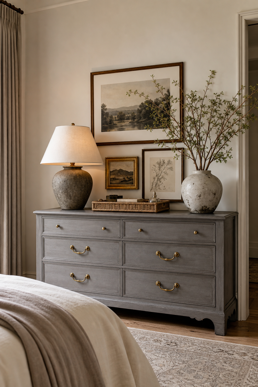 A dresser styled like a mini gallery