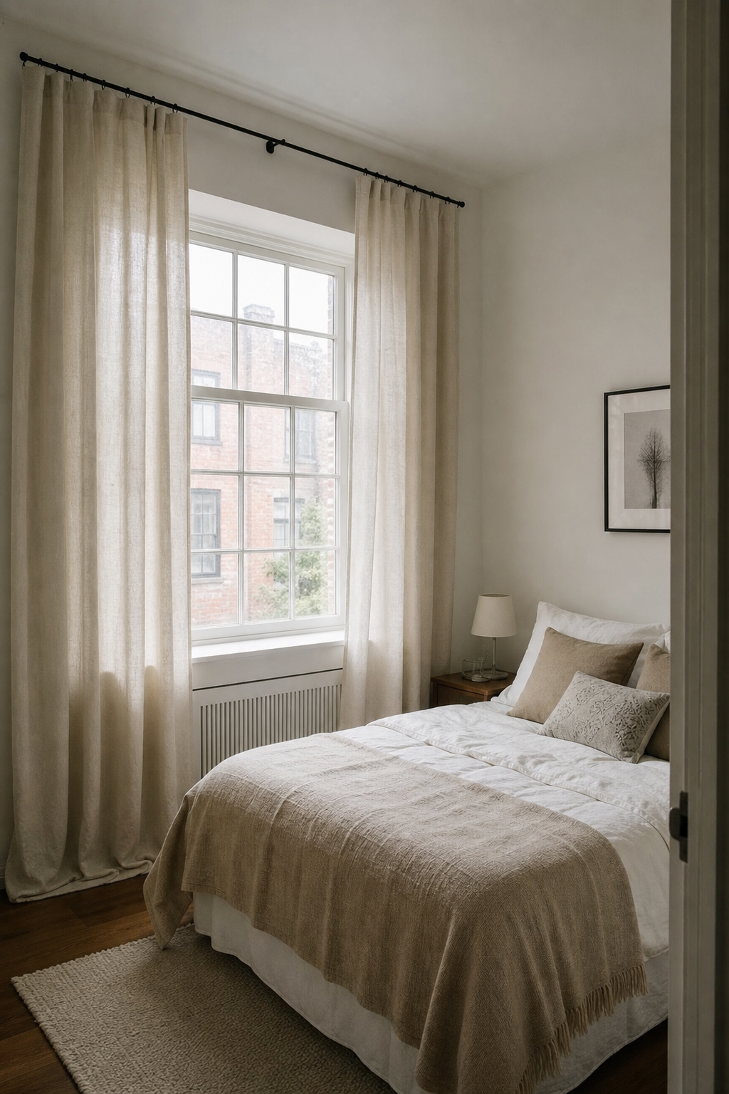 Small bedroom with high wide curtains making the window feel larger
