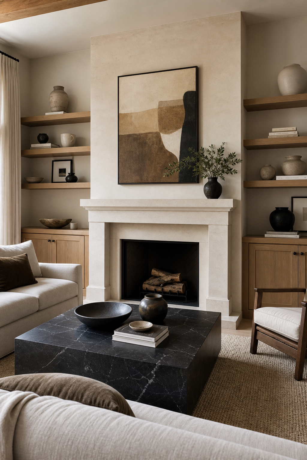 Refined living room with limestone fireplace focal wall and styled oak built-ins