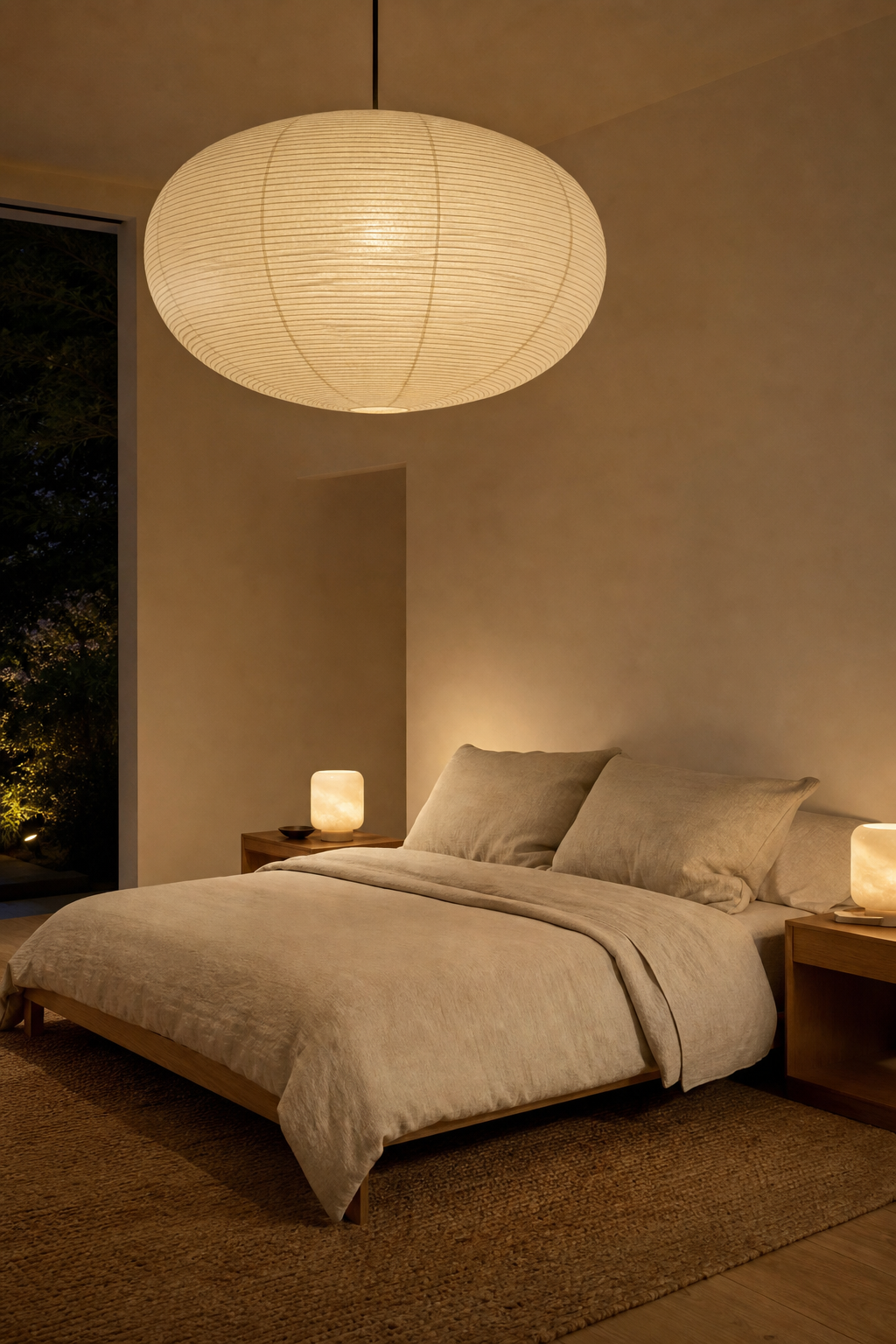 Minimal bedroom with a sculptural paper lantern pendant, linen bedding, and warm evening light