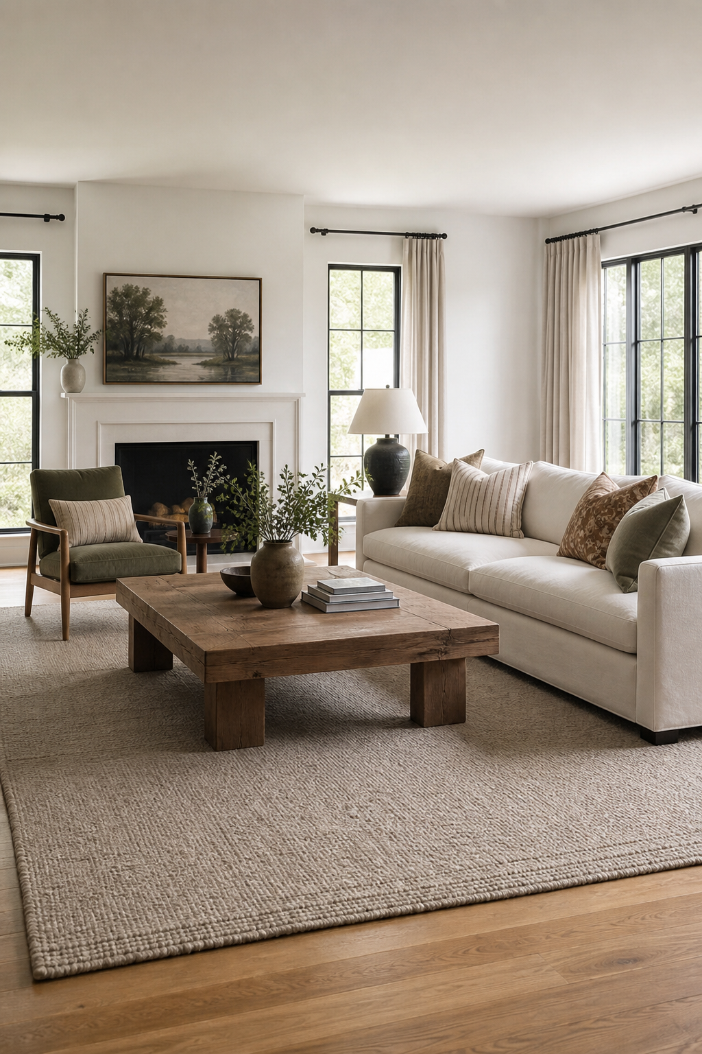 Large neutral rug defining an aesthetic living room seating zone