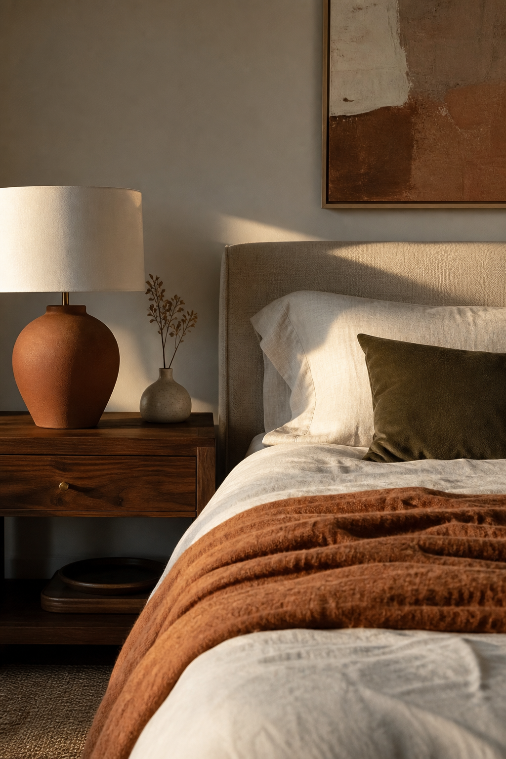 Cream earthy bedroom with clay throw, terracotta lamp, walnut nightstand, and olive cushion