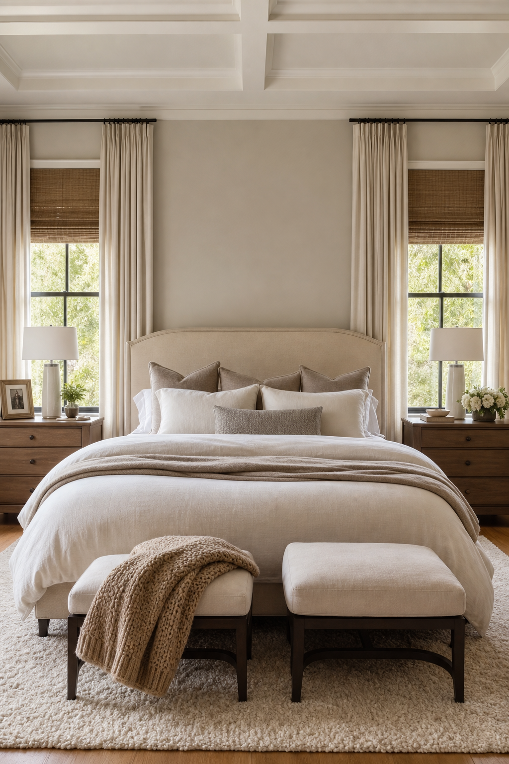Elegant bedroom with bed placed between two windows, tailored drapery, woven shades, and brass sconces