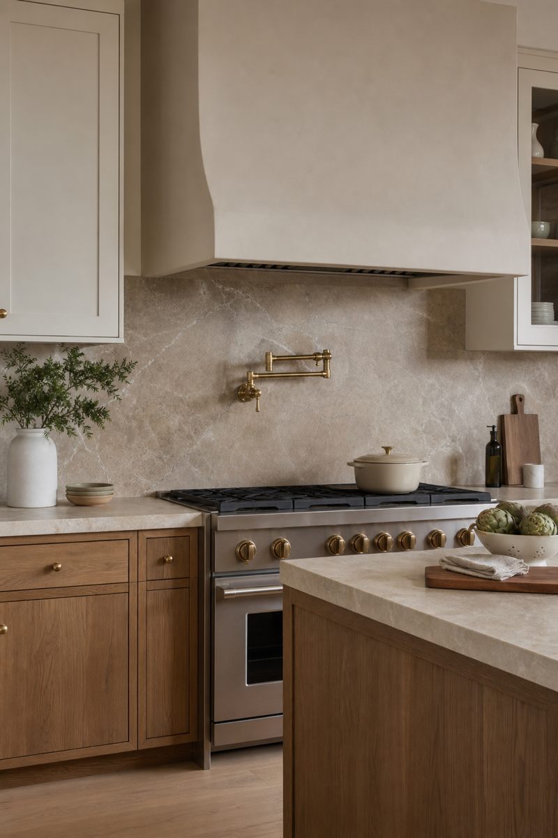 Kitchen with honed stone backsplash and warm functional cooking zone