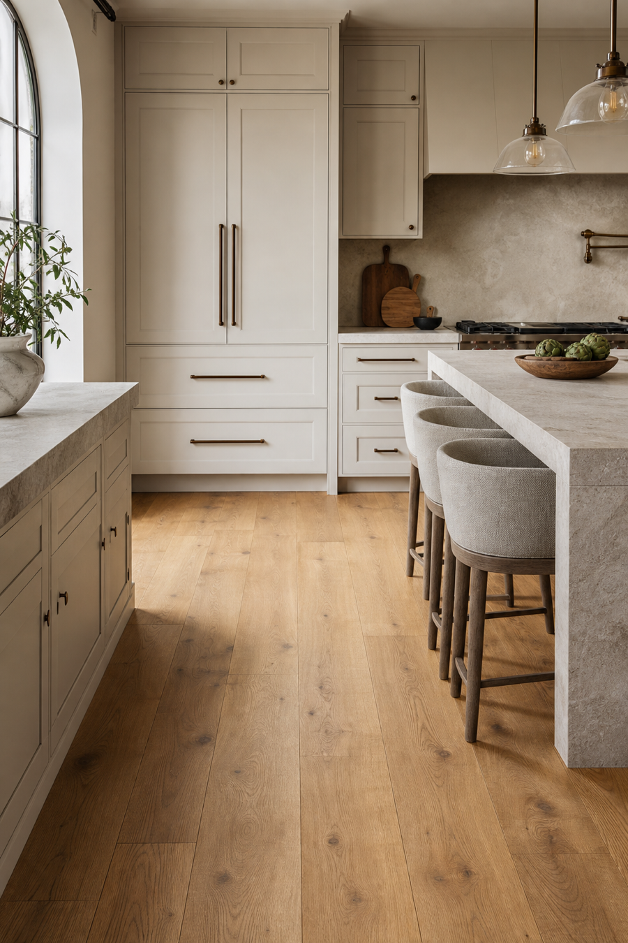 Warm neutral kitchen grounded by natural oak wood floors