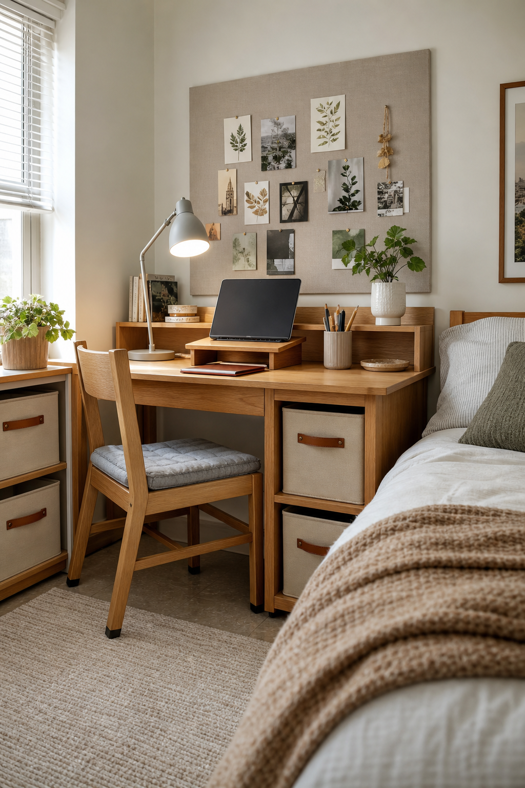 Organized dorm desk with task lamp, pinboard, storage bins, and chair cushion