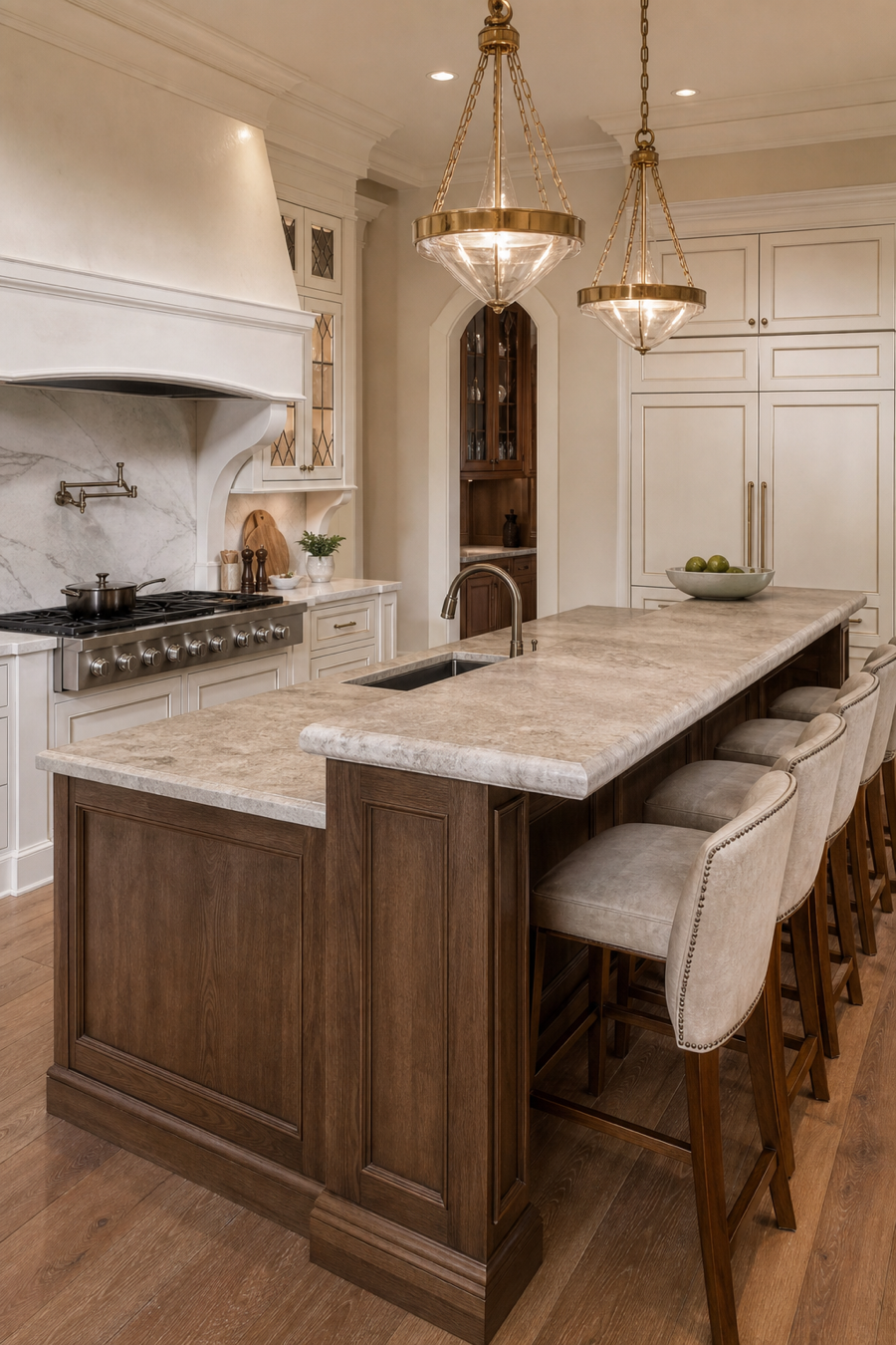 Open kitchen island with raised serving ledge to hide sink clutter