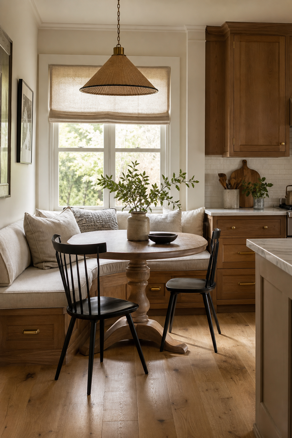 Cozy kitchen breakfast nook with built-in bench, round table, and warm pendant