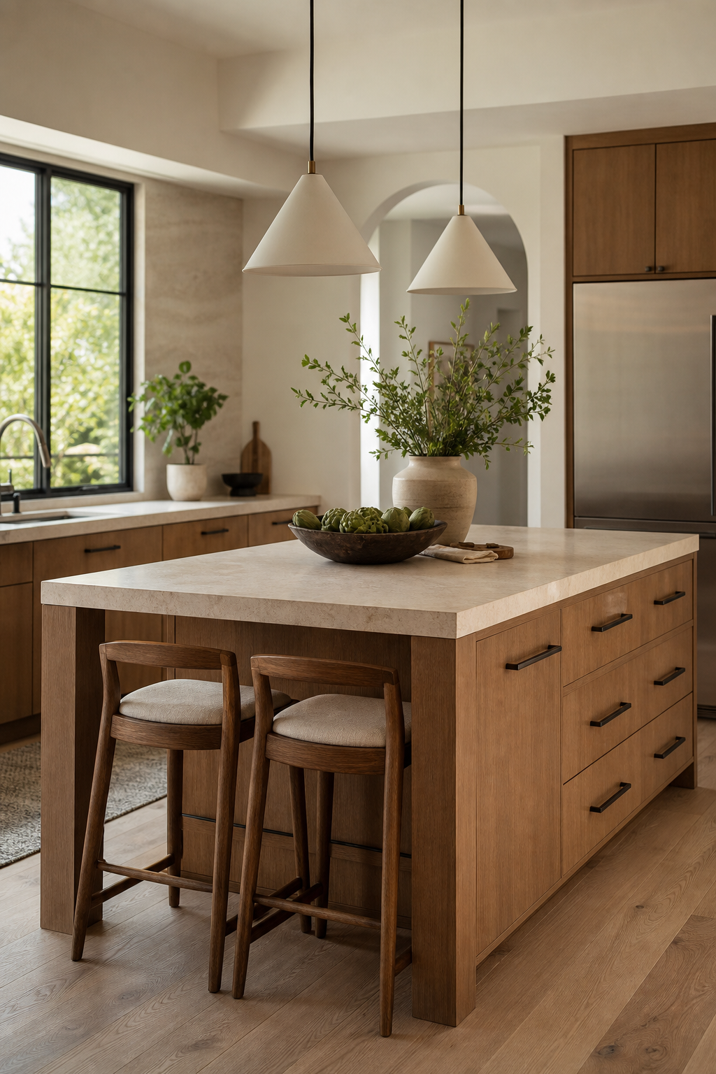 Simple efficient kitchen island with wood base, stone top, drawers, and clear walkways