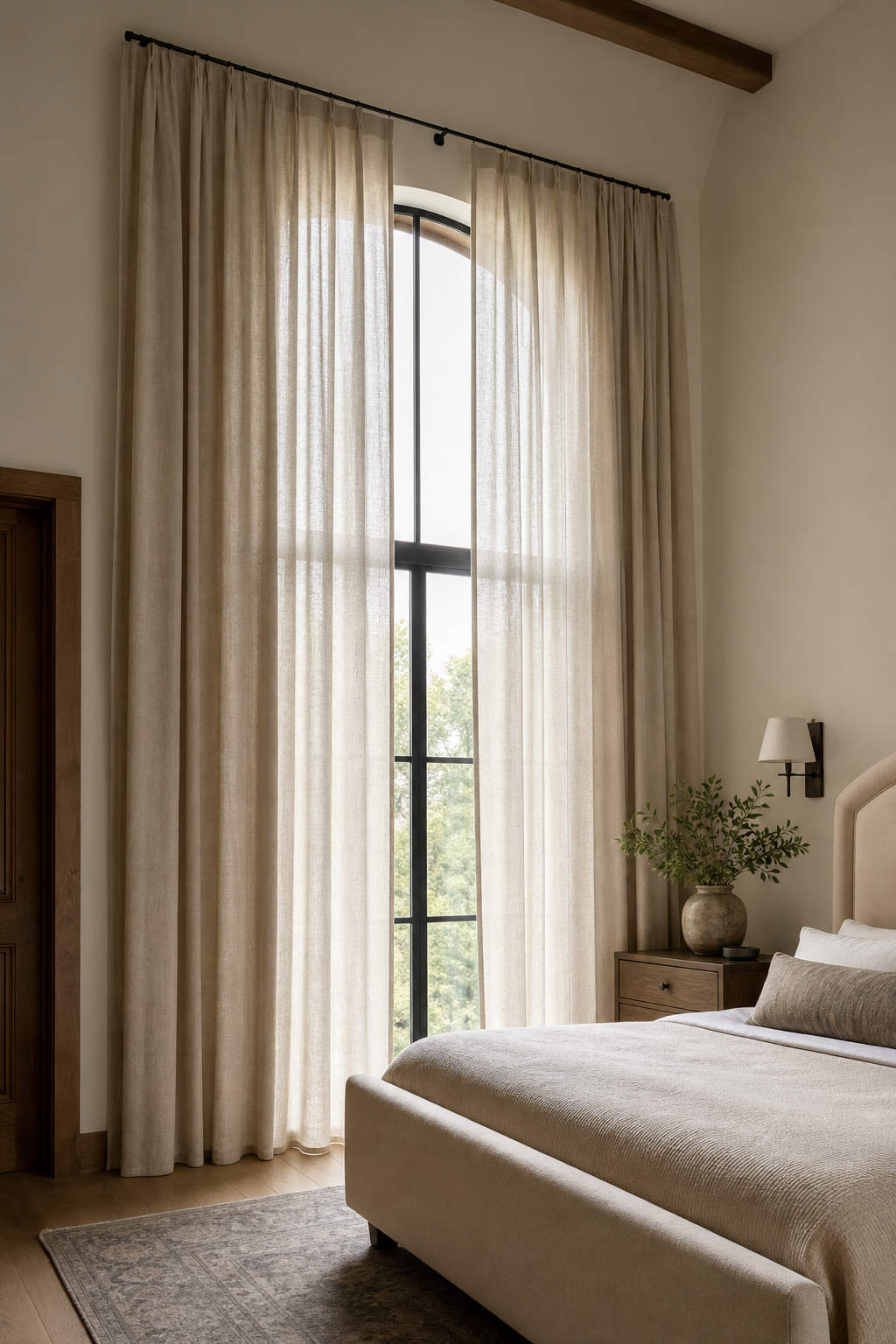 Floor length linen curtains softening a stylish bedroom window