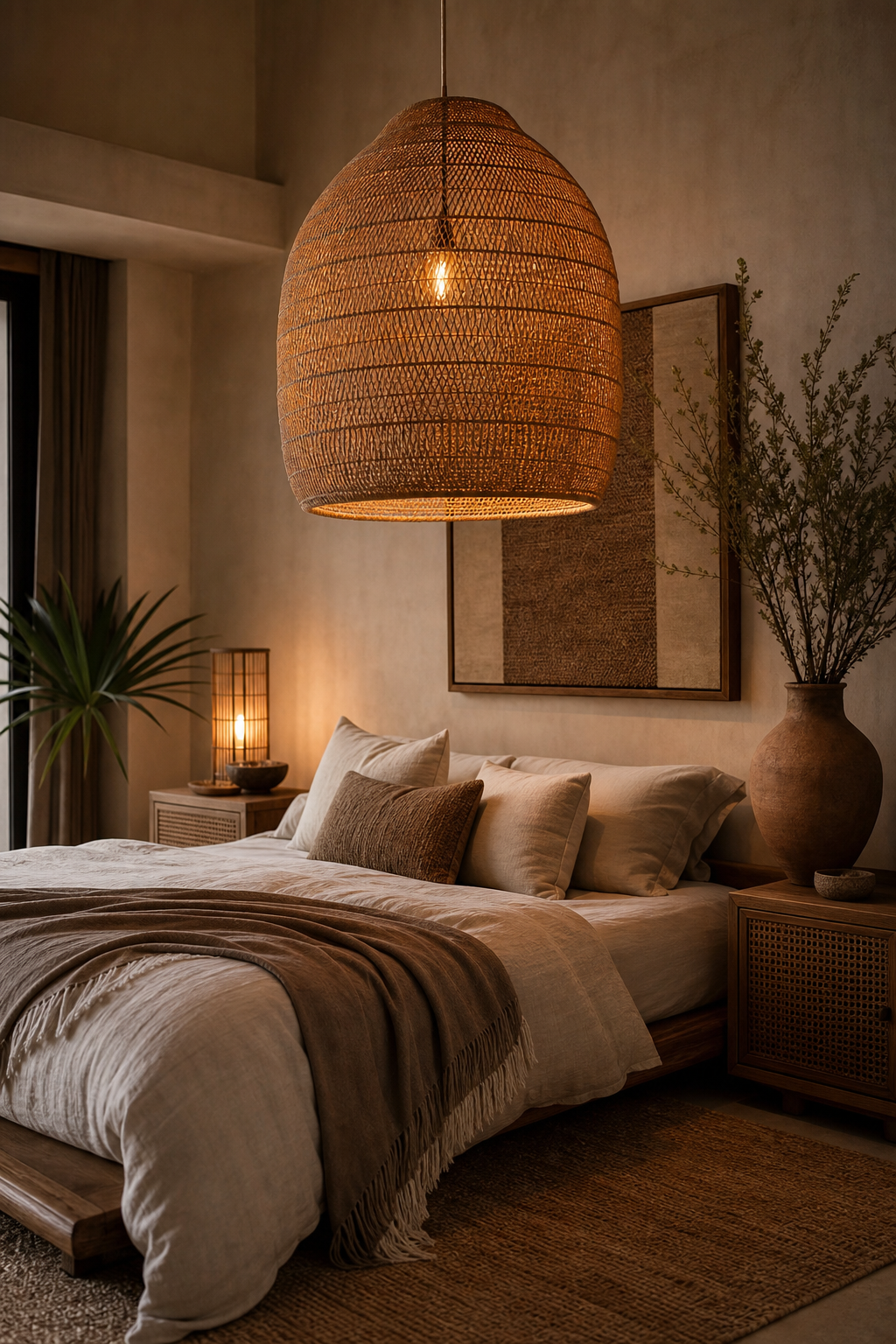 Boho bedroom with woven rattan pendant and warm layered lighting