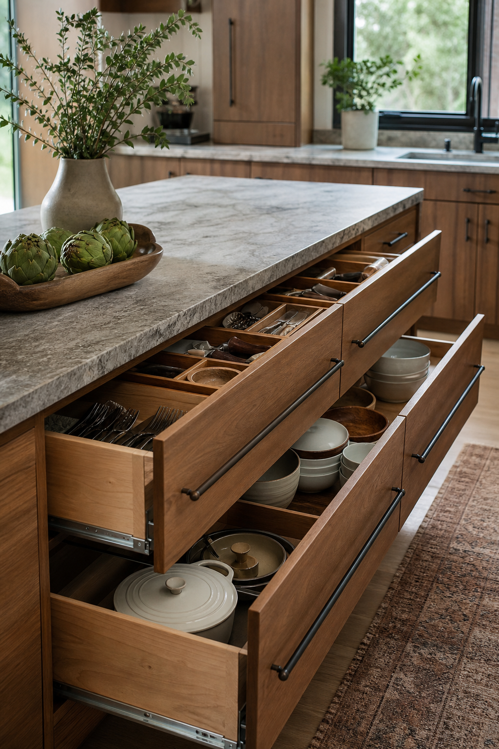 Kitchen island with deep functional drawers on the working side