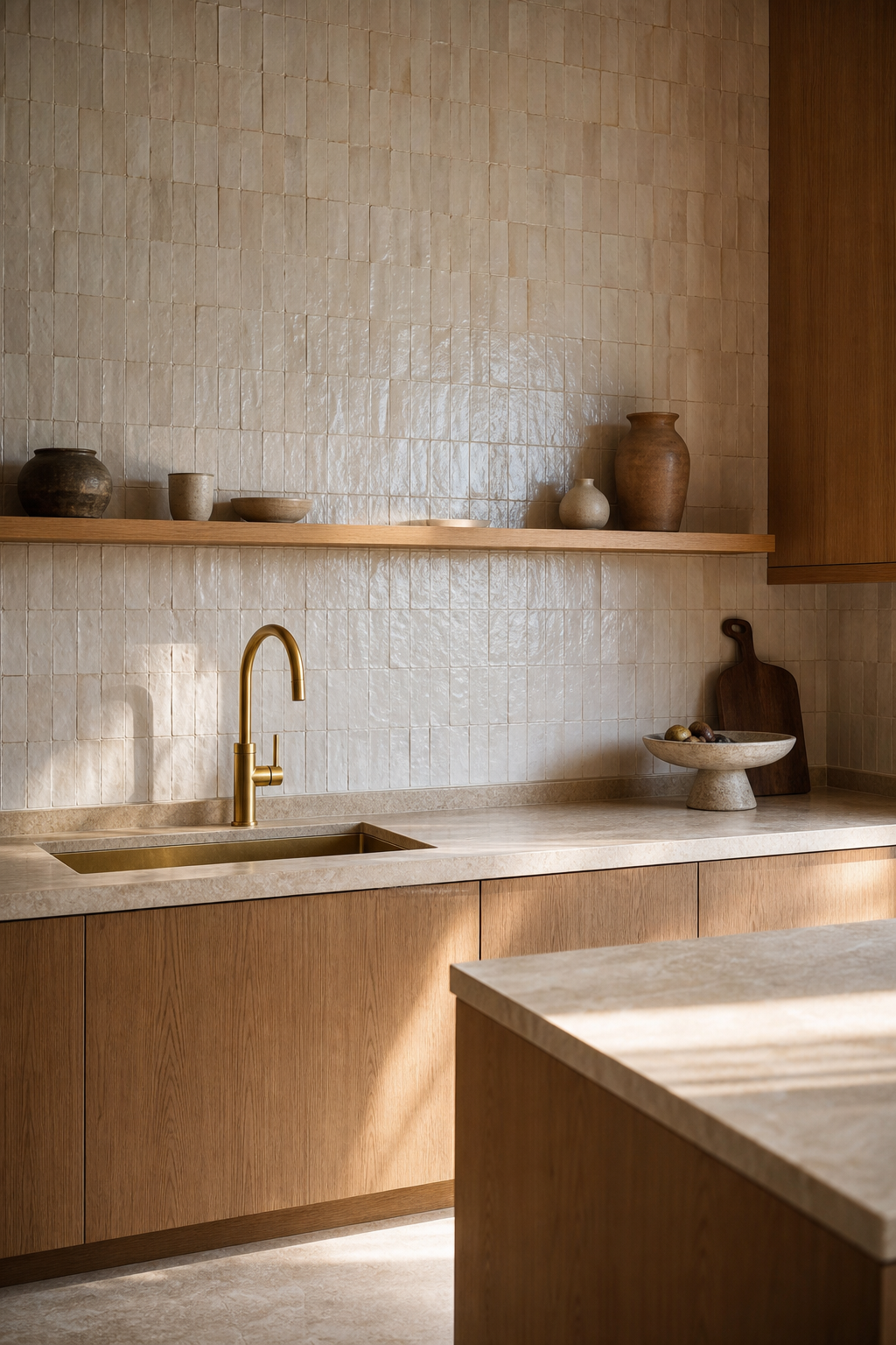 Modern kitchen with handmade sand zellige backsplash and warm white cabinetry