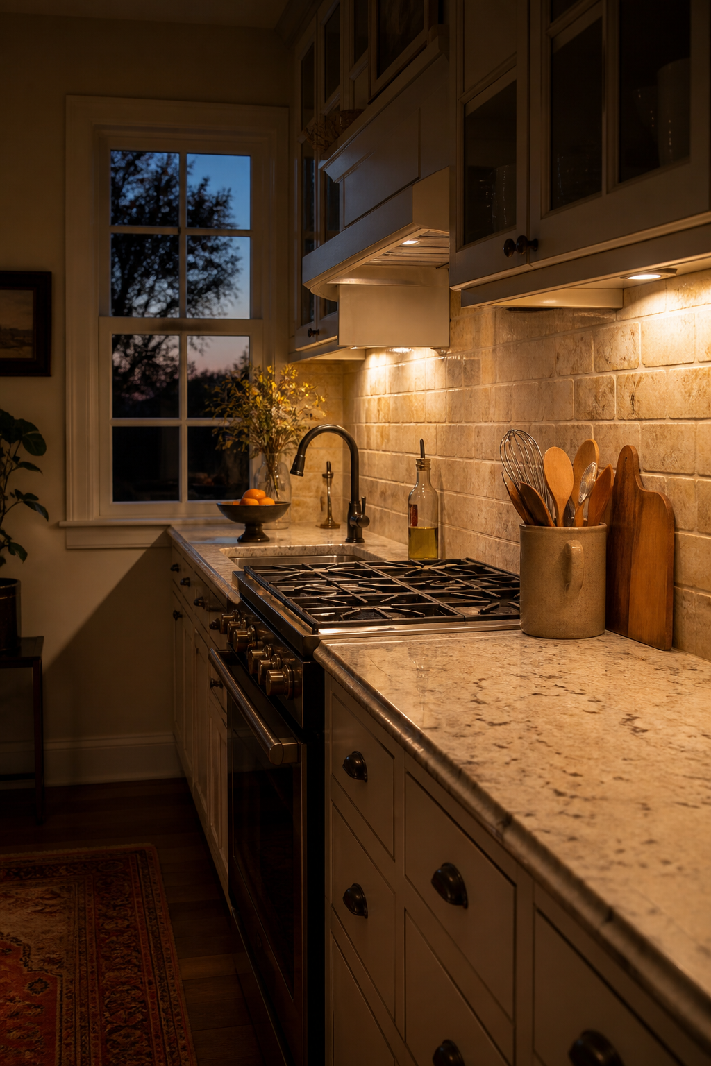 Small kitchen with warm under-cabinet lighting over the worktop