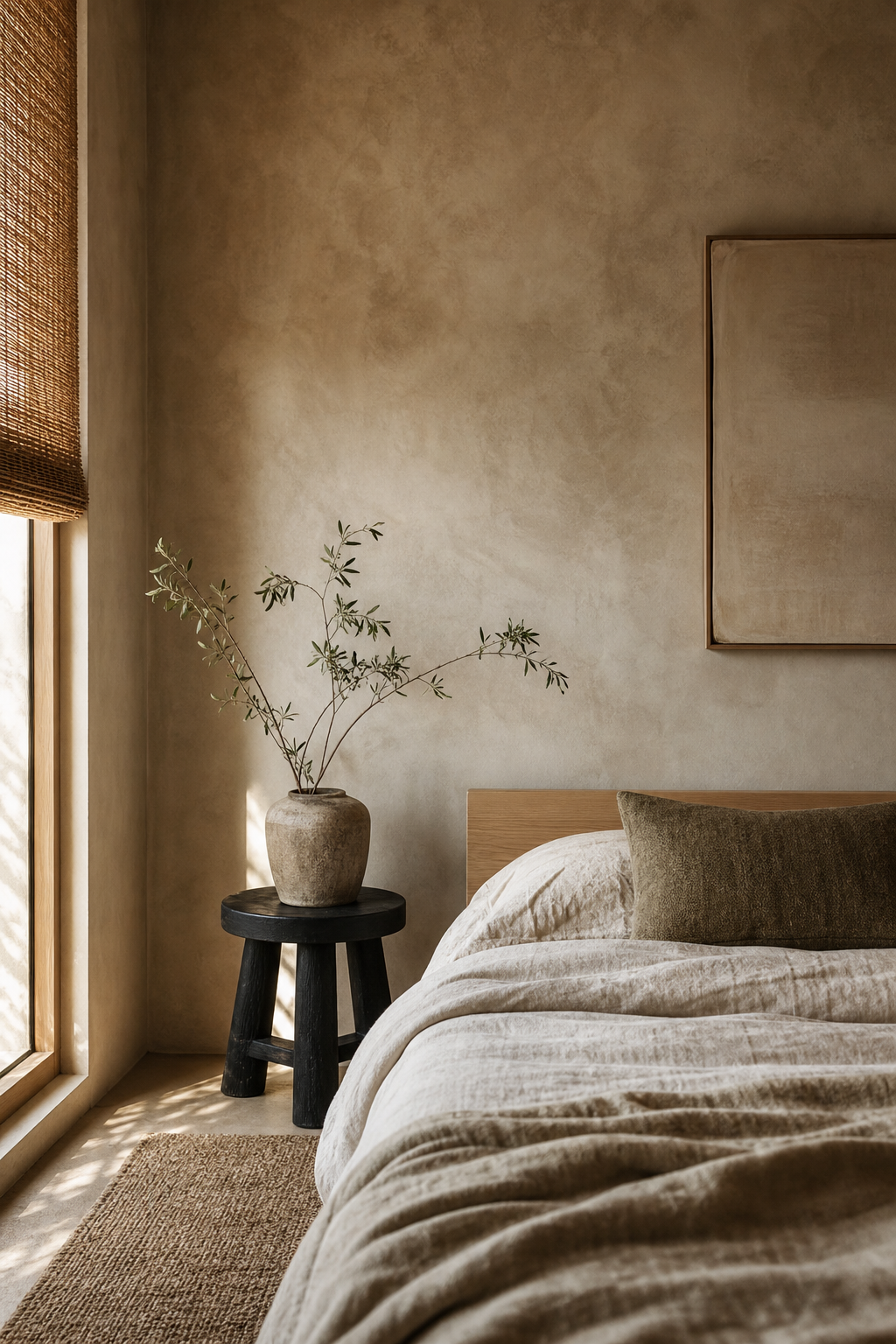 Japandi bedroom with warm the Walls With Limewash Plaster