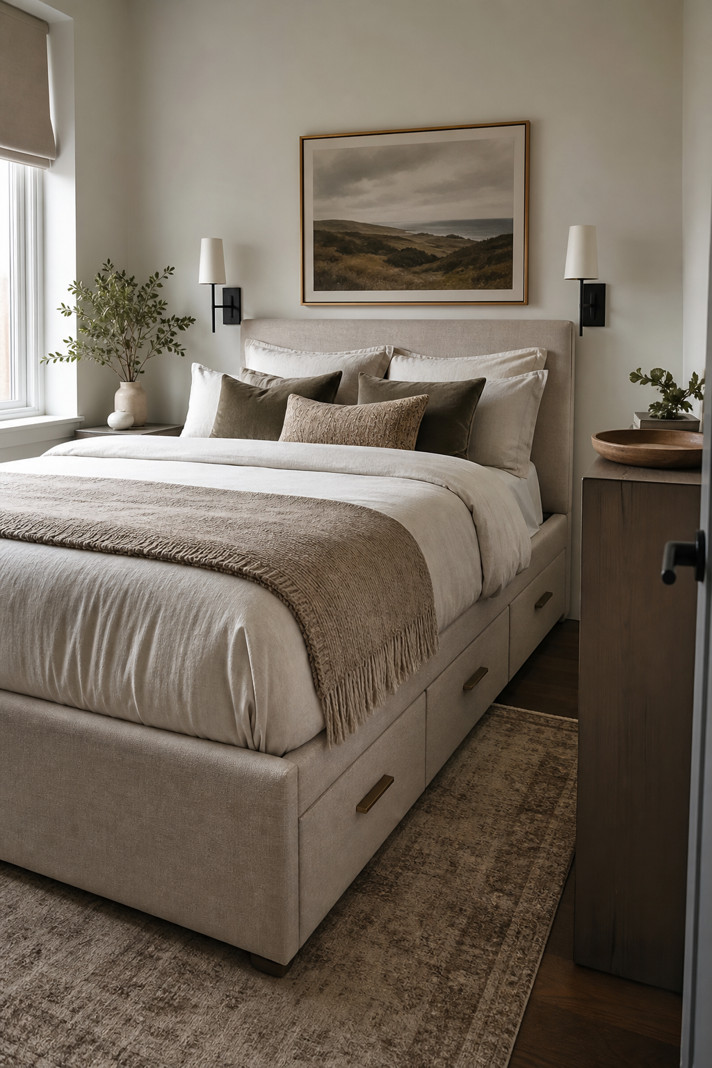 Small bedroom with tailored upholstered storage bed and discreet drawers