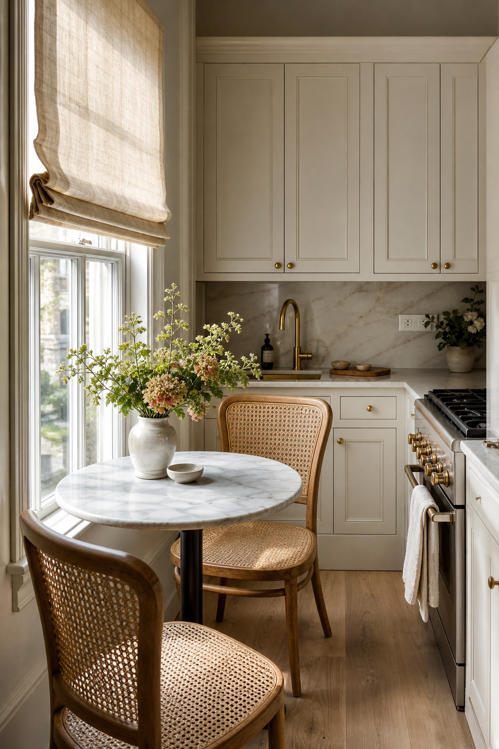 Very small kitchen with marble bistro table, cane chairs, ivory cabinets, and soft window light