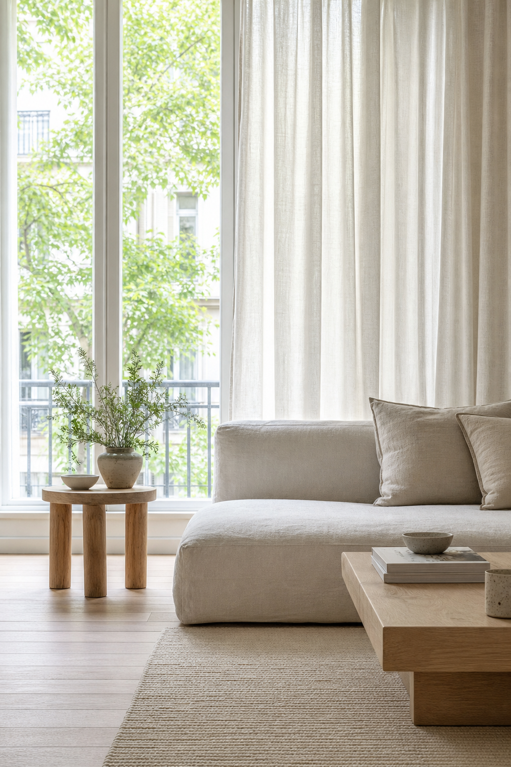 Scandinavian living room with natural light and sheer curtains