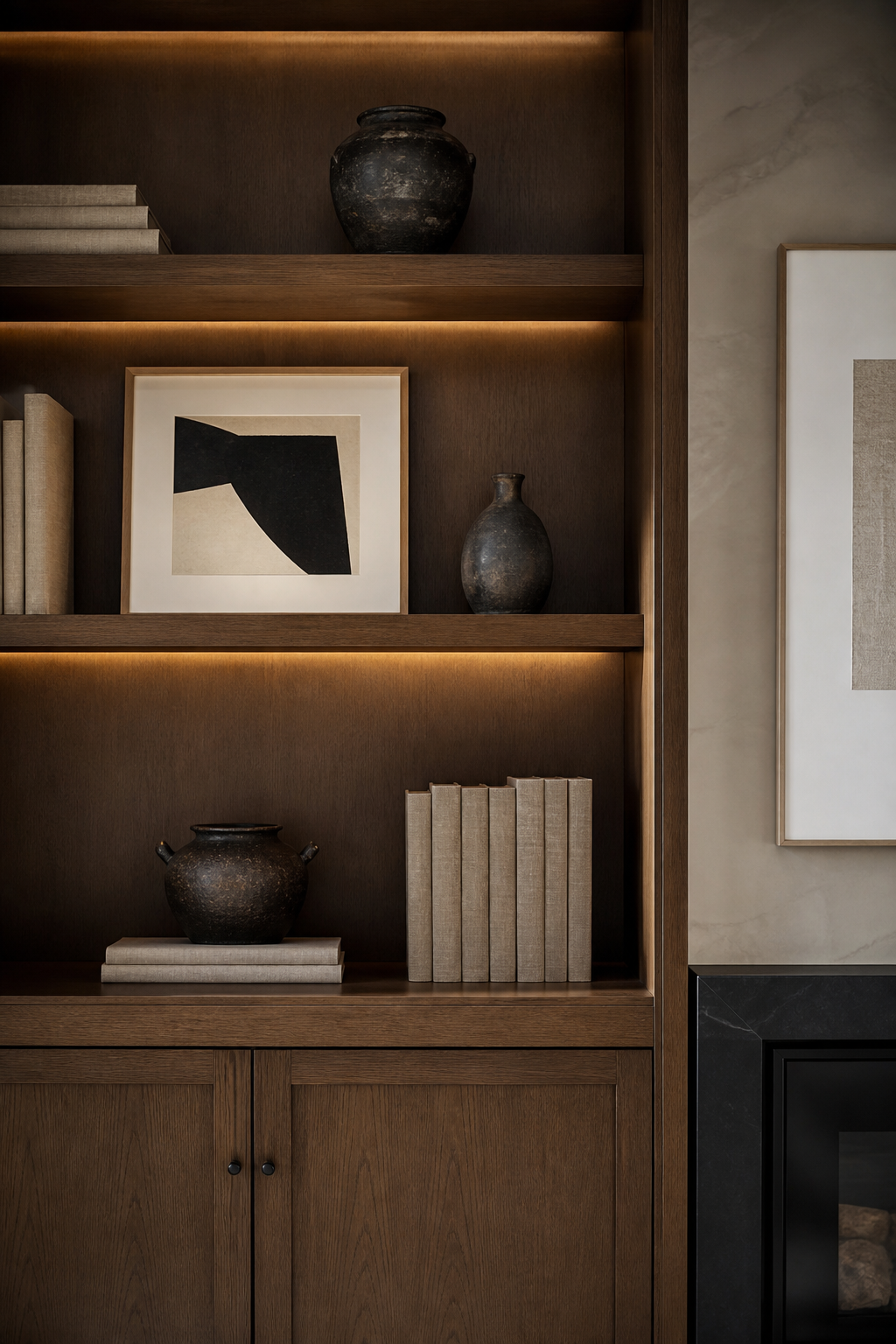 Luxury built-in shelving styled with books, ceramics, framed art, baskets, and elegant negative space