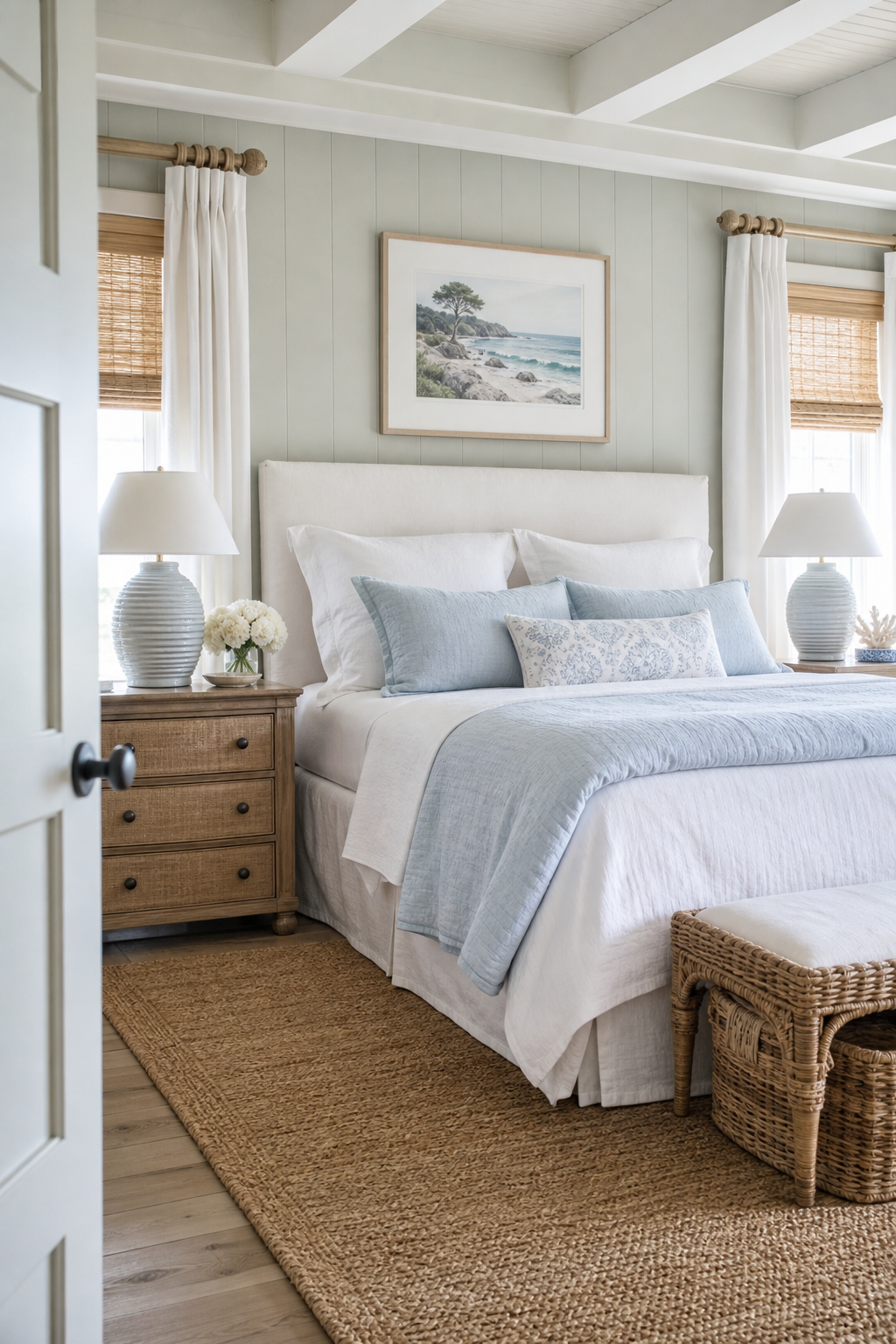 Coastal grandmother bedroom with blue bedding, rattan bench, and linen curtains