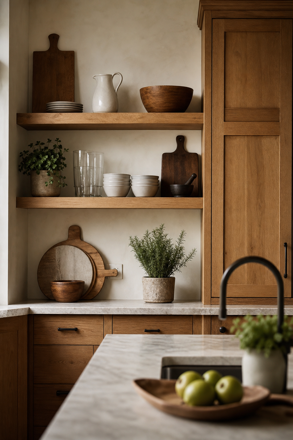 open shelves with practical pieces in a warm functional kitchen