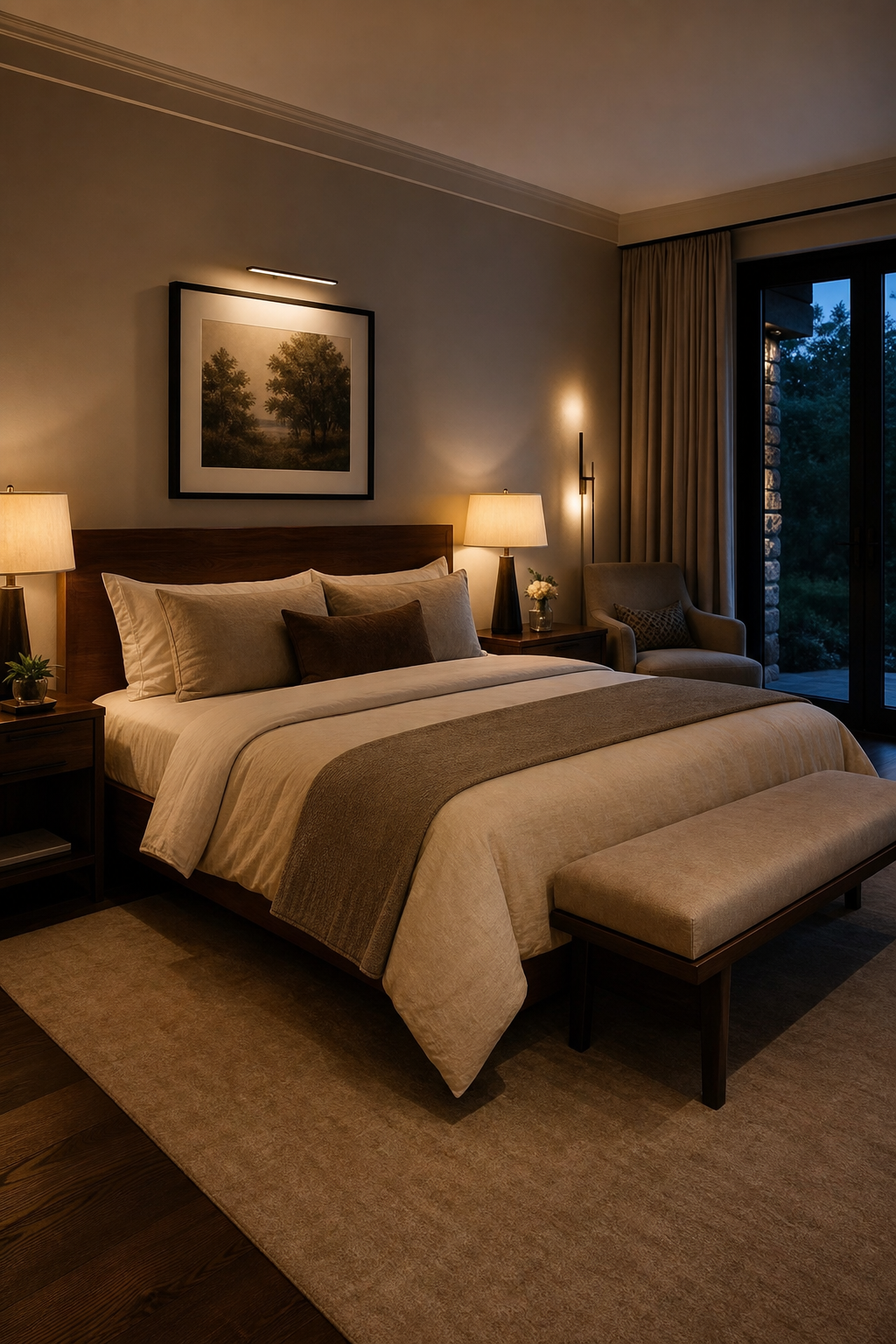 Personal bedroom with layered warm lighting from bedside lamp, sconce, desk lamp, and floor lamp