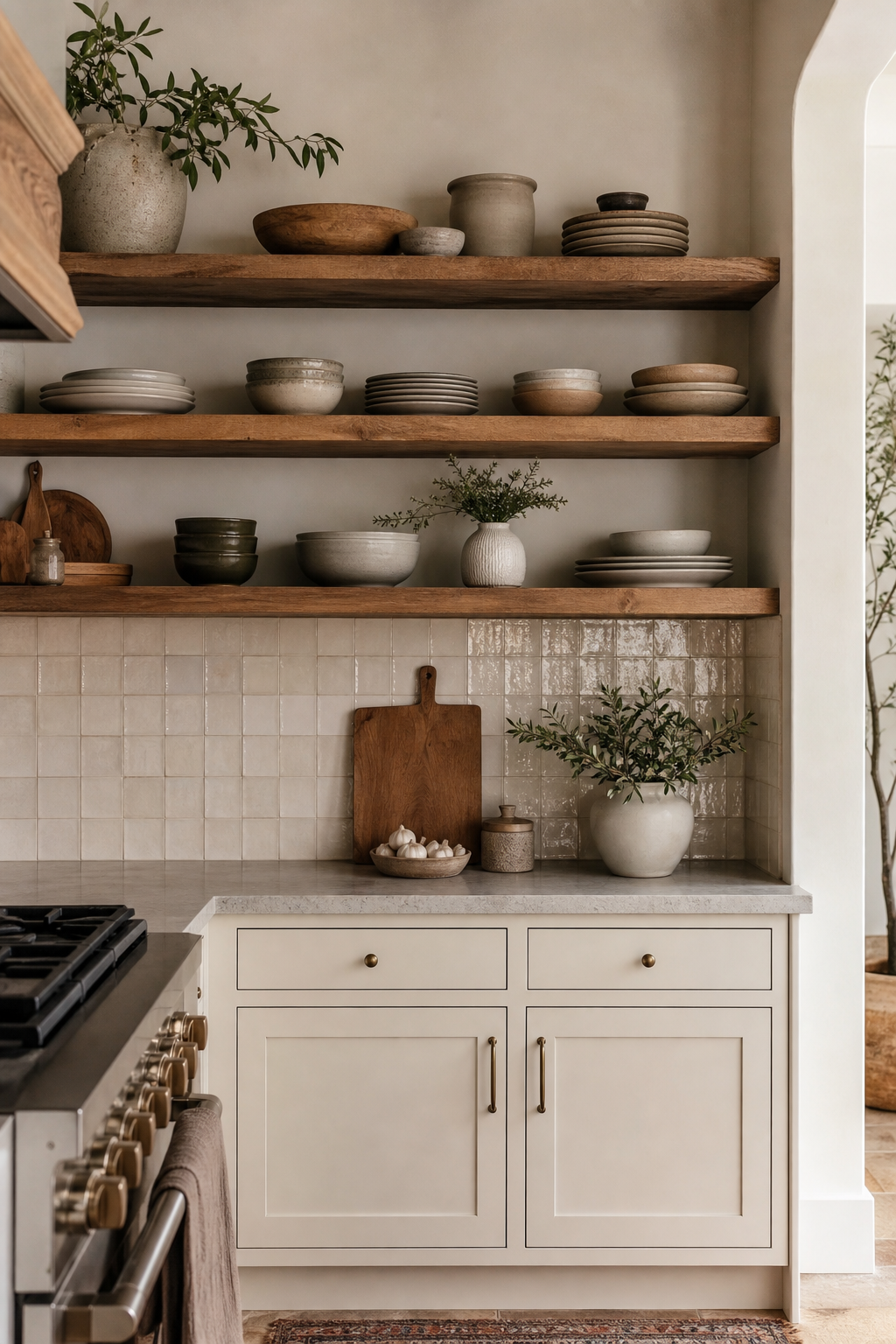 Open wood shelves balanced with closed storage in farmhouse kitchen