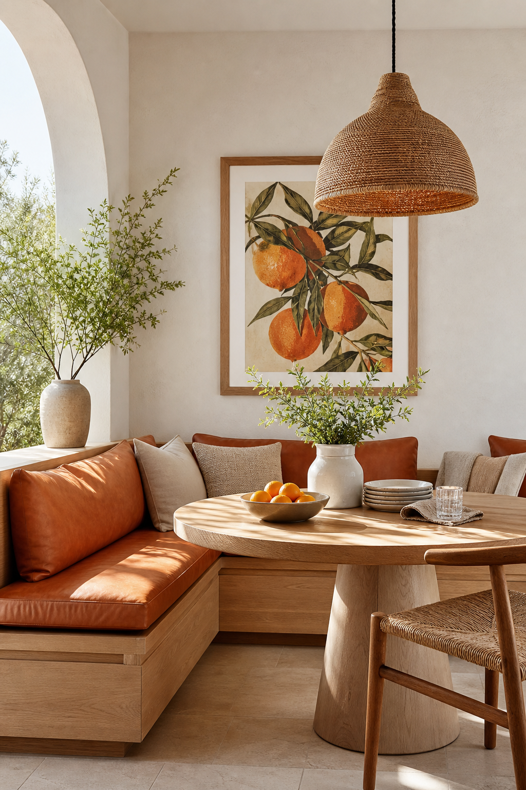 Bright breakfast nook with oak banquette, tangerine leather cushions, woven pendant, and citrus art