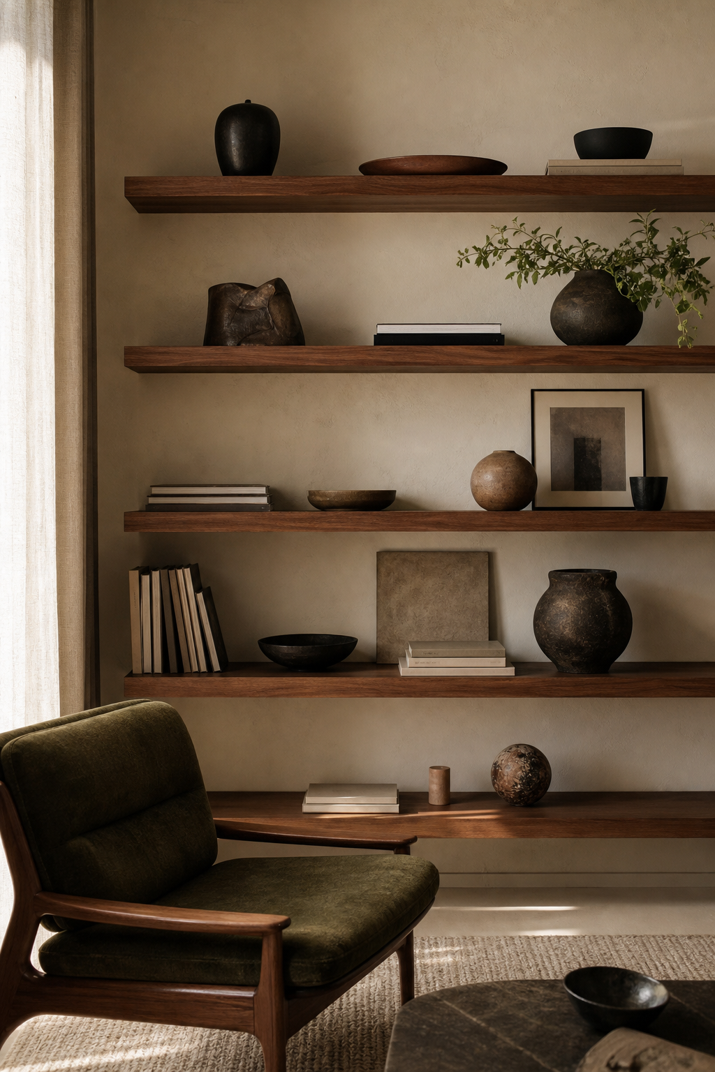 Restrained floating shelves with ceramics and plants