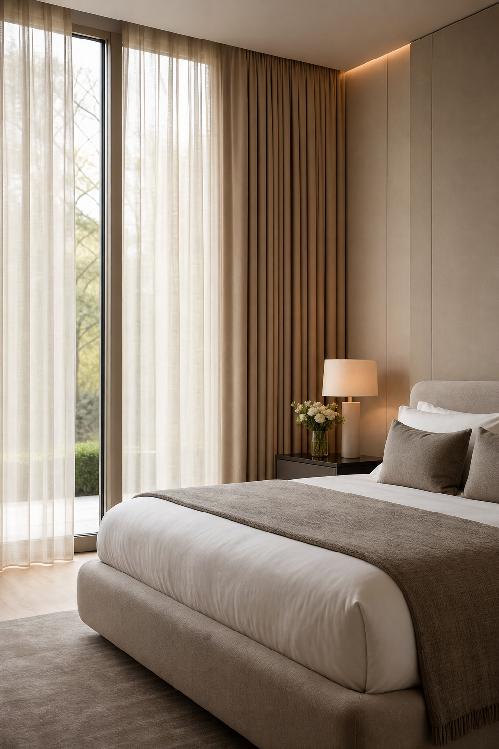 Modern bedroom with full-height curtains framing a soft neutral bed