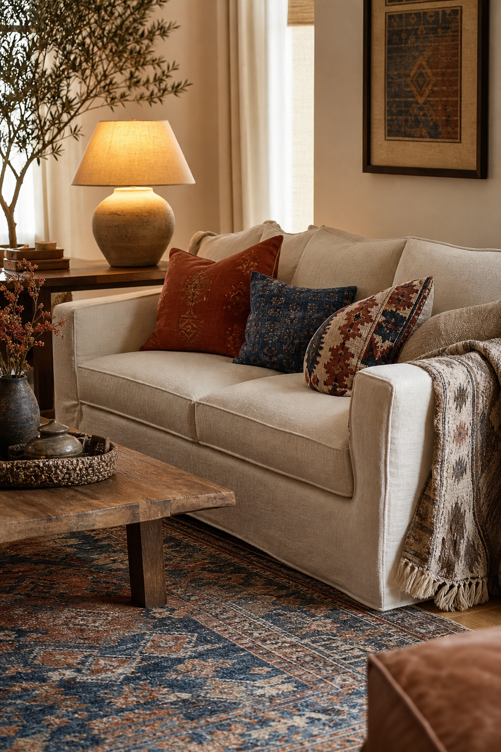 Boho living room with controlled rust and indigo patterned textiles