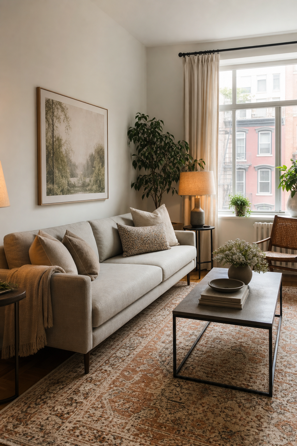 Properly scaled neutral sofa in a cozy apartment living room