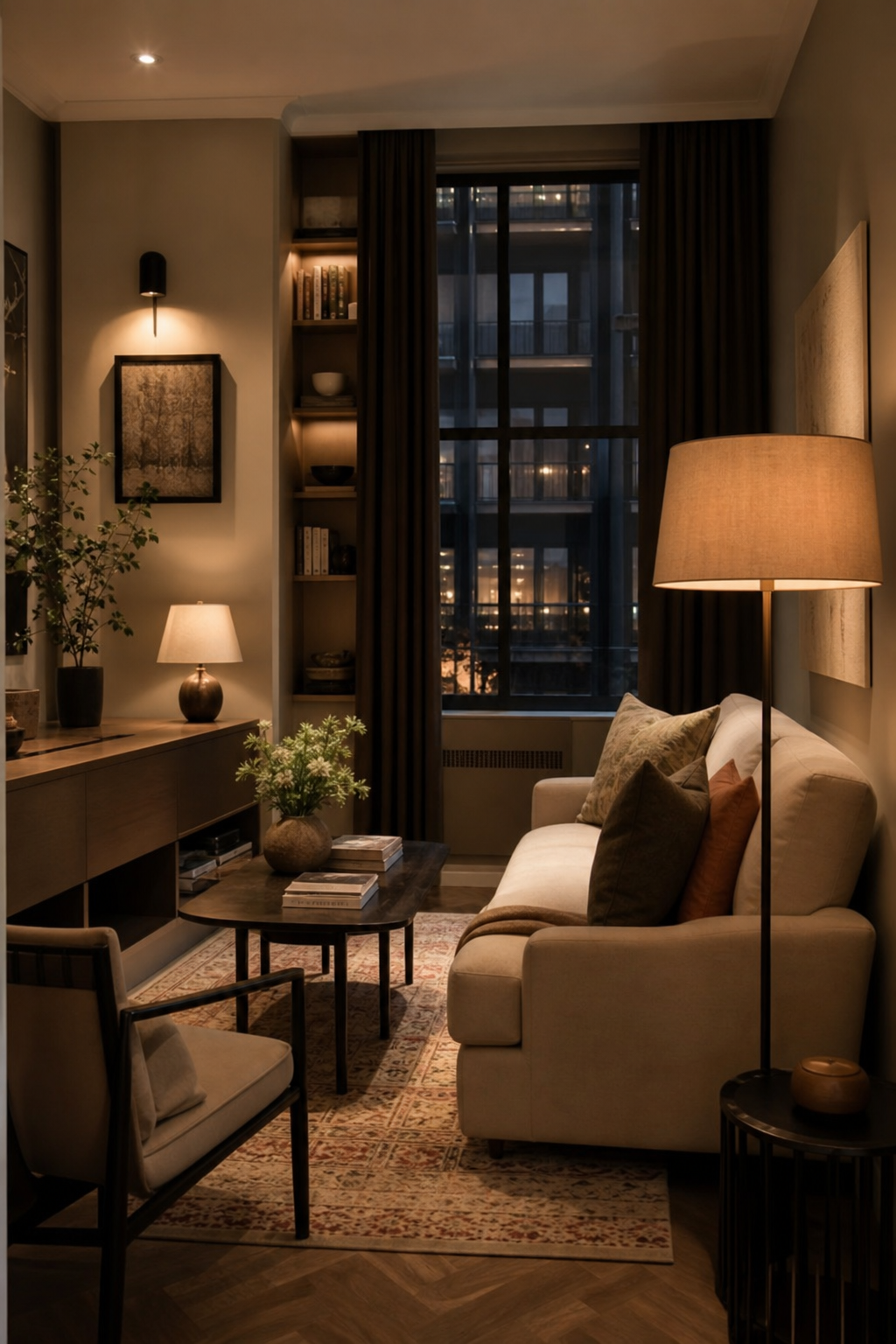 Small living room with layered warm lighting