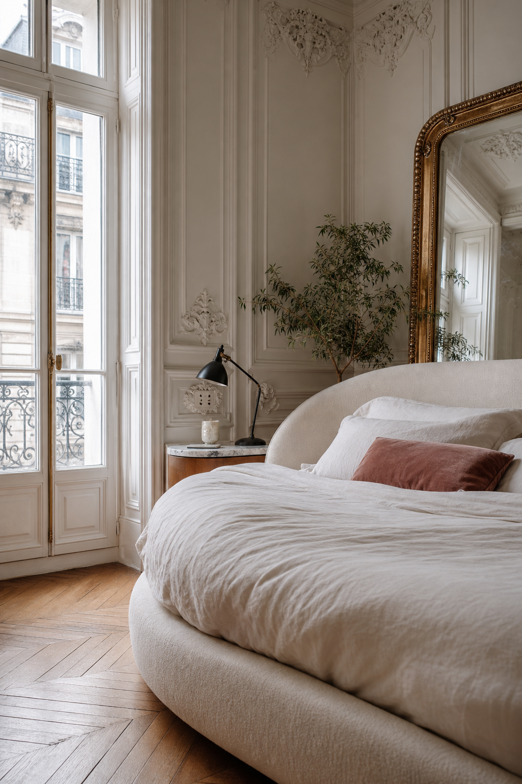 Parisian apartment bedroom with ornate molding, curved bed, and antique mirror