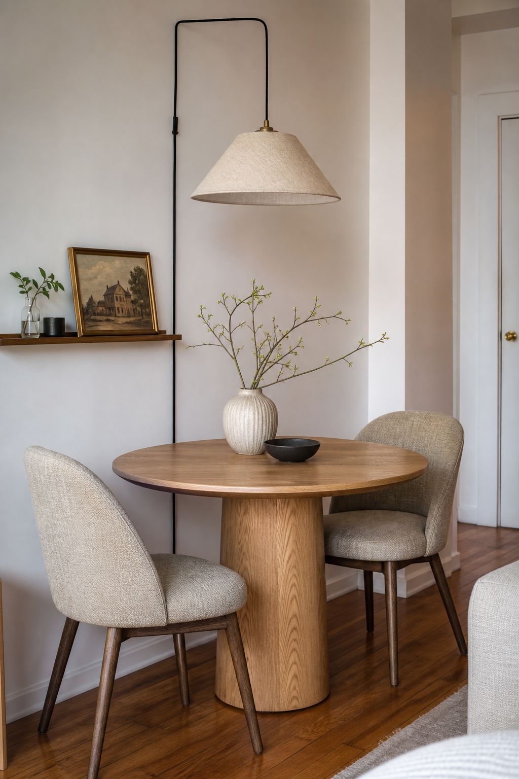 Petite small apartment dining nook with round oak table and upholstered chairs
