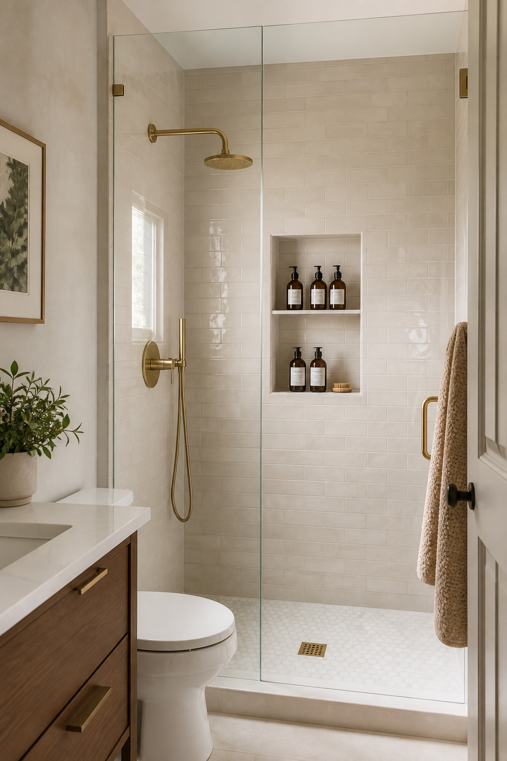 Small full bathroom idea with build a recessed shower niche that disappears