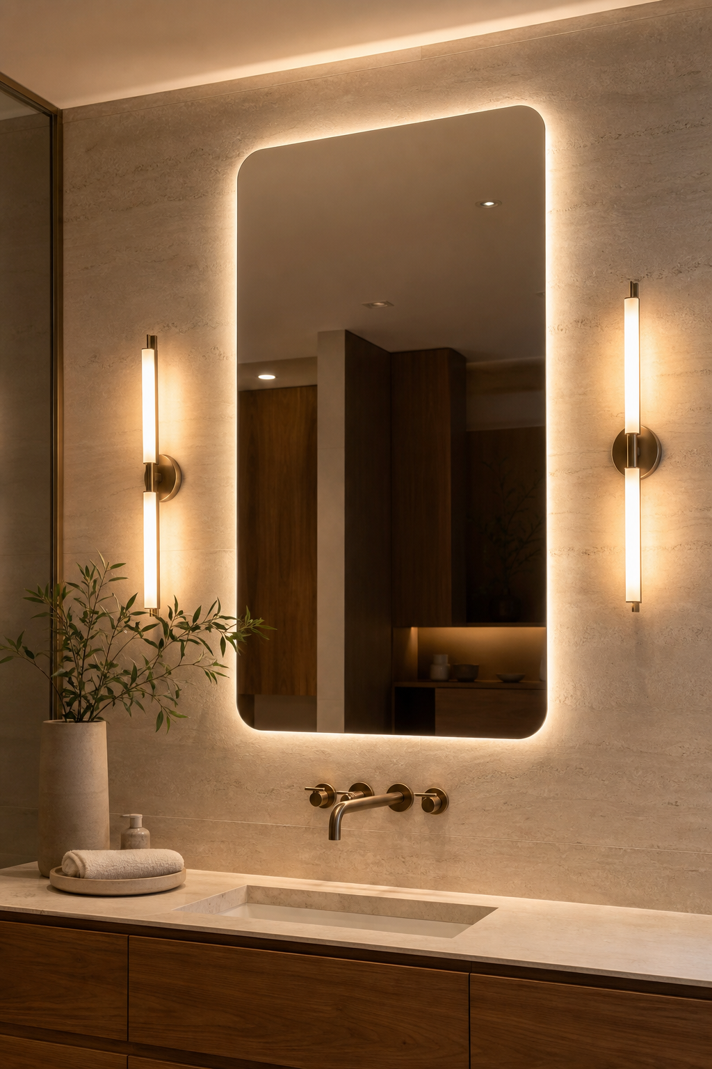 Modern bathroom vanity with warm layered lighting around the mirror